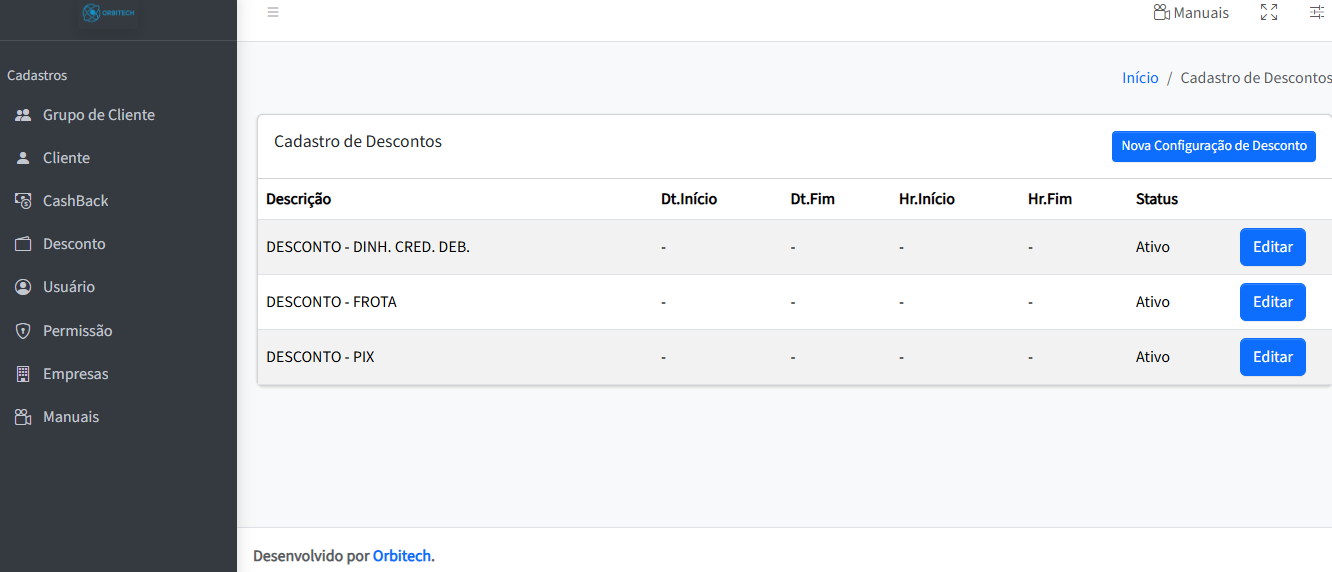 Tela de configuração de descontos